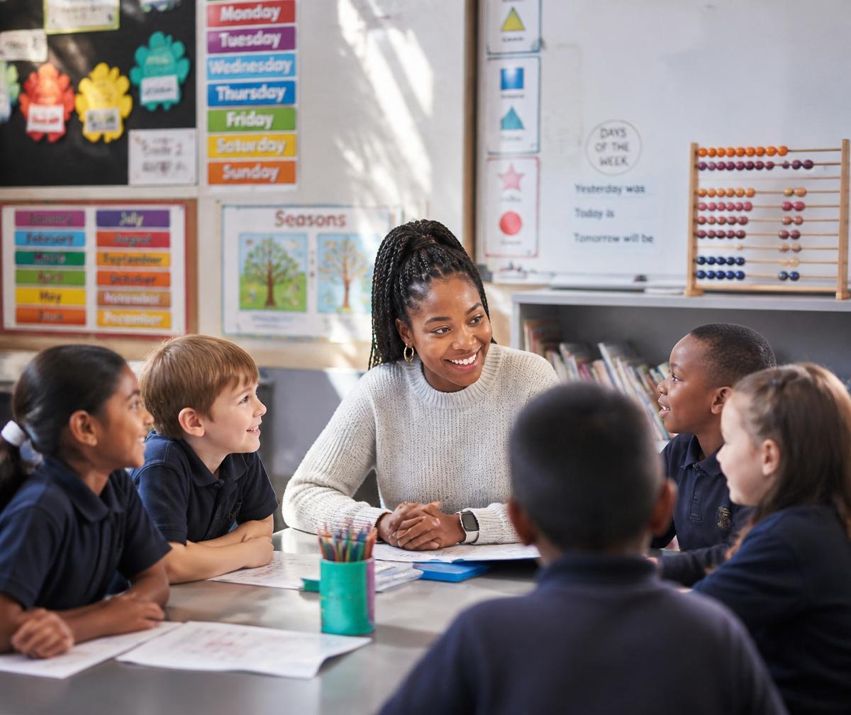 South African teacher with learners in a bright classroom